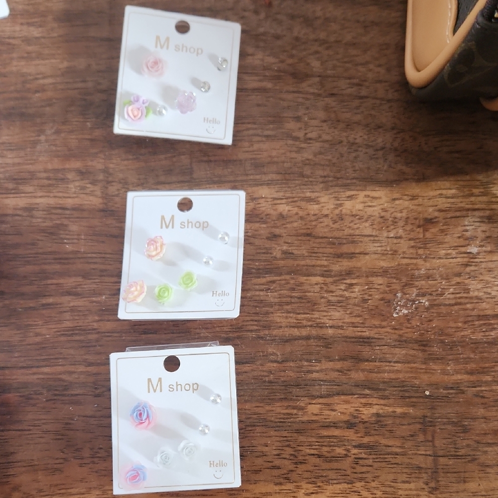 Elegant Floral Earrings Trio - Pink, Green, Blue